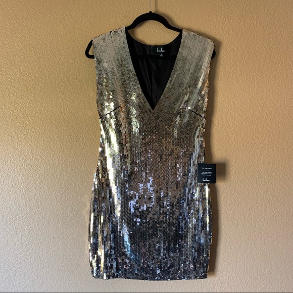Lulus Bring the Bling Gold Sequin V-Neck Mini Dress - Medium - New With Tags - Picture 5 of 11